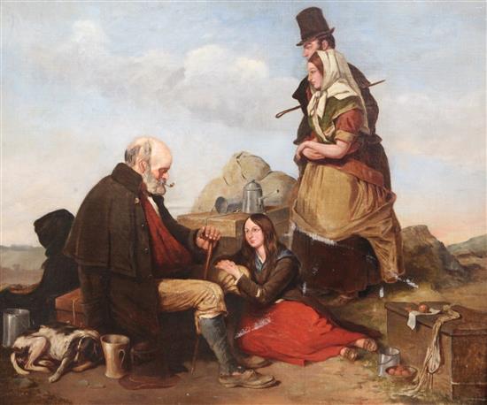 Isaac Henzell (1815-1876) Itinerants at a roadside rest, 20 x 24in.